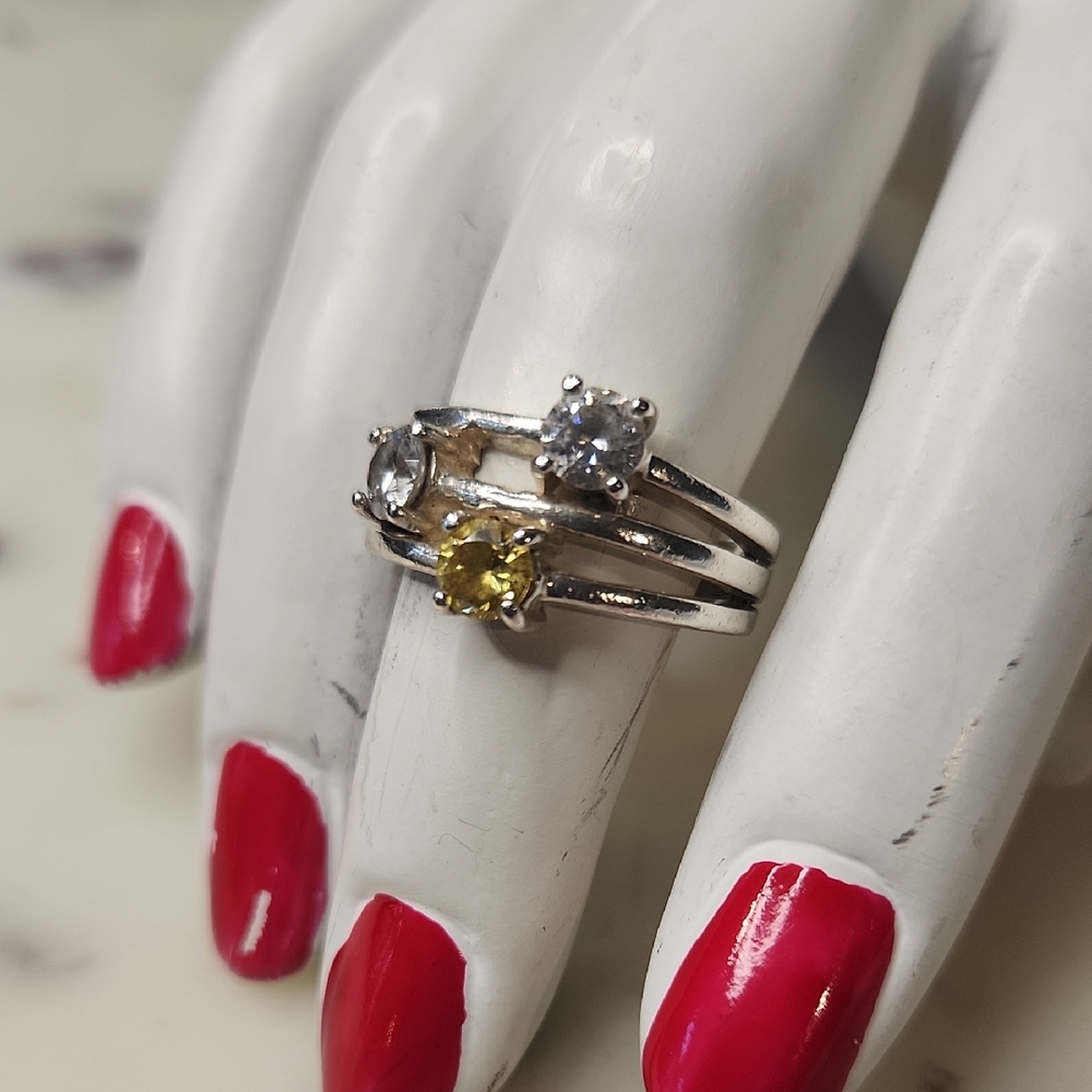 Vintage | 925 Sterling Silver Ring Yellow Topaz | Clear CZ | SZ. 7.5"